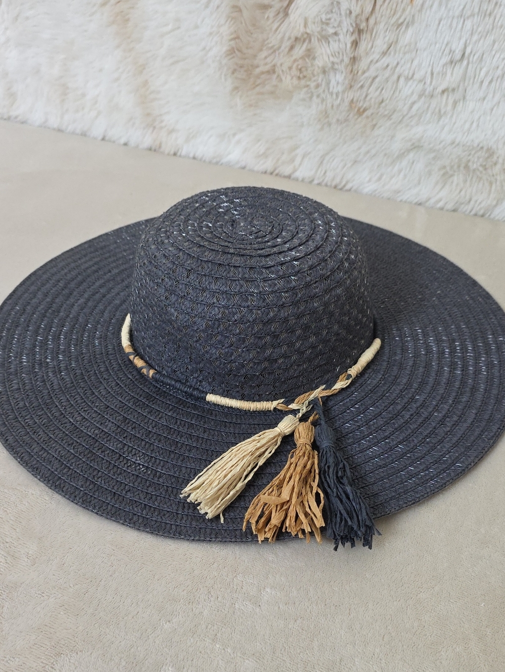 Black Wide Brim Sun Hat with Braided Band & Tassels One Size